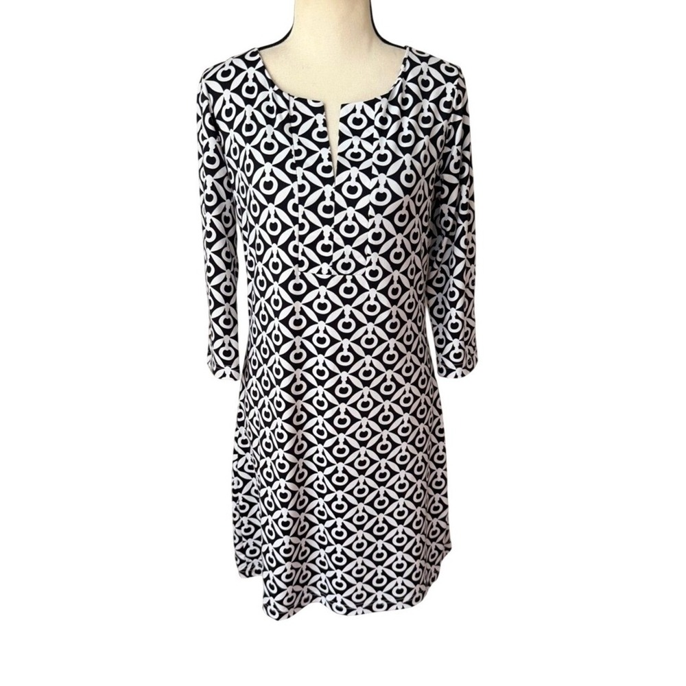 Barbara Gerwit Geometric Printed Shift Dress 3/4 Split Sleeve Preppy Coastal